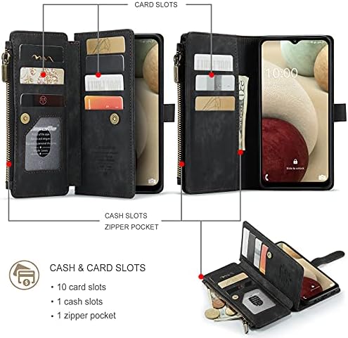 Чанта-портфейл UEEBAI за Samsung Galaxy A12 5G Премиум-клас, Калъф за телефон от Изкуствена кожа ръчно изработени, Отделения за карти, преден Джоб с цип, магнитна закопчалка, Калъф-поставка, Ретро устойчив на удари