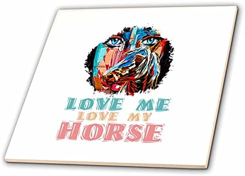 3D Равен момиче, женско лице и кон - Обичай ме, обичай моята кон, цветен текст - плочки (ct-370913-7)