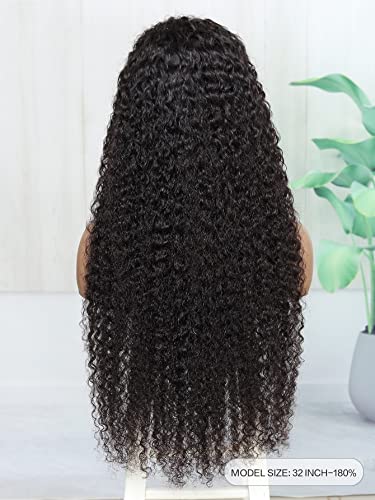 VDESC Перуки, изработени от човешка коса на Дантели 13 * 4, Перука от Човешка Коса на Дантели Отпред, за чернокожите Жени (Цвят: 180 плътност 13 * 4 черни, размер: 32 инч)