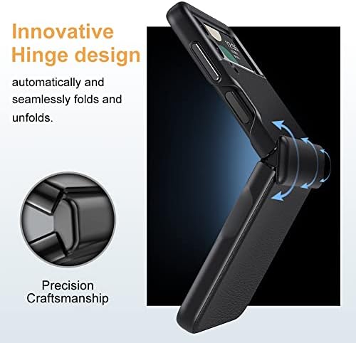 LEIAU за Samsung Galaxy Flip 4 Калъф с пълна защита от пантите Тънък Кожен калъф с вграден екран Метална Клавиш за сила на звука Безжично зареждане - устойчив на удари Защитен калъф За вашия телефон