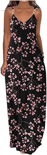 Макси-дрехи за жени, класически Boho цветя танк плаж рокля с V-образно деколте без ръкави, свободни джобове обръч каишка сарафан