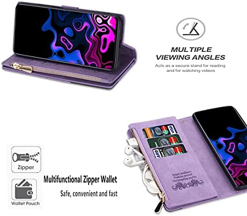 Чанта-портфейл UEEBAI за Samsung Galaxy S9, Ретро калъф от изкуствена кожа Премиум-клас, панти калъф с отделения за карти, преден джоб с цип, магнитна закопчалка, чанта-поставка с каишка за ръка - Purle