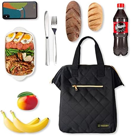 Дамски утепленная чанта за обяд YASSIBY, модни широка чанта-тоут, Многократно Обяд-бокс, водоустойчив, За работа, училище, Пътуване, пикник.(Черно-Малко)