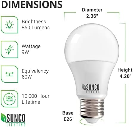 Sunco 12 Опаковки led лампи с мощност 9 W, Еквивалент на 60 Вата база E26, дневна светлина 5000 До, led лампа A19 за Спалня, Хладилник, 850 LM, Мат, суперяркая, За стая, без регулиране на яркостта – UL