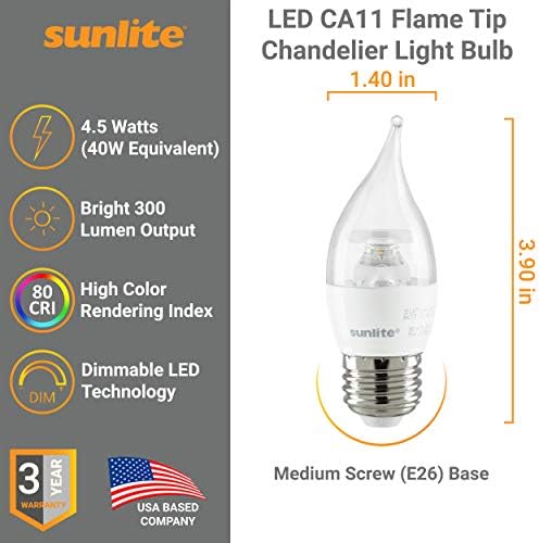 Лампа за полилеи Sunlite 80479-СУ CA11 Flame Съвет, 27K - Топло бяло, 4,5 W (еквивалент на 40 W), На 300 Лумена, Средна база (E26), с регулируема яркост, сертифицирана по Energy Star, 1 опаковка