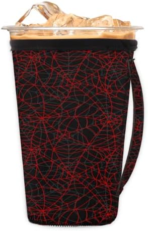 Хелоуин Spider Web Red 15 многократна употреба Кафе ръкав с лед с дръжка от Неопрен за Напитки, кафе лате, Чай, Напитки, Бира (Голям 30-32 унция)