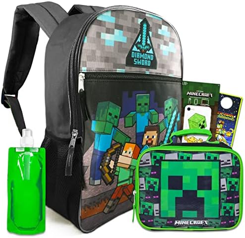 Раница на Minecraft, както и Обяд на Бокс за деца - Комплект ученически пособия Minecraft с раница на Minecraft, пакет за обяд, торба за вода, стикер и много Други