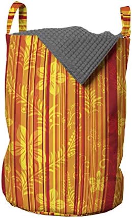Чанта за дрехи Ambesonne Orange, на вертикални райета с цветя, Закрученными Листа и модел на точки, Кошница за дрехи с дръжки, закрывающаяся на шнур, за пране, 13 x 19, Оранжево-жълт