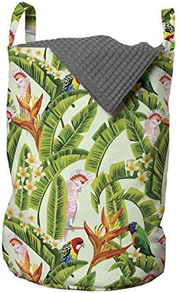 Foldout Чанта за дрехи Parrot, Листа от тропически палми с распускающимися цветя и екзотични видове птици, Кошница за дрехи с дръжки, закрывающаяся на шнур, за пране, 13 x 19, Пастельно-зелена и Многоцветен
