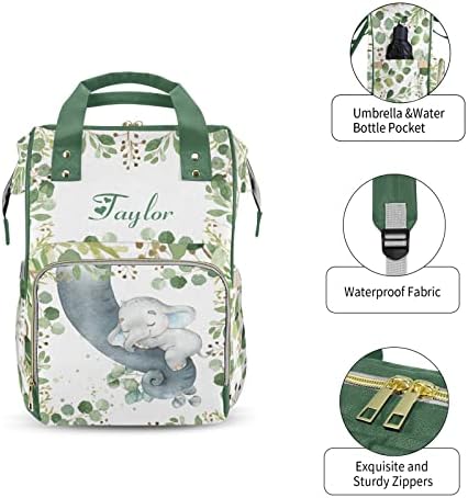 FELIZSTORE Персонални Чанта за Памперси Раница - Чанта за Памперси за Малки Момичета Раница за Баща на Момчето Мъжете с Името - Зеленина Leaf Elephant