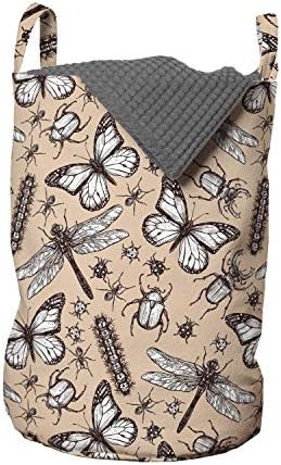 Ретро чанта за дрехи Ambesonne, Рисувани на ръка Скица на Различни насекоми, Гъсеници на Пеперуди, Кошница за дрехи с дръжки, Закрывающаяся на шнур, за пране, 13 x 19, Светло