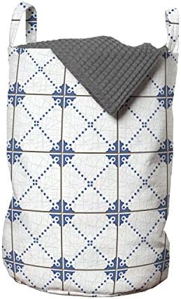 Реколта чанта за дрехи Ambesonne, Дизайн в стил марокански португалски плочки с Винтажными класически мотиви, Кошница за дрехи с дръжки, закрывающаяся на шнур, за пране, 13 x 19, Бяло-кафяво и синьо