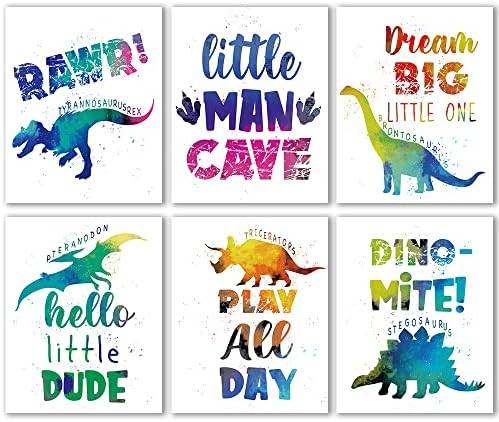 IIILUYOT Стенен декор за детска стая с Динозаври, Вдъхновяващи Акварели Щампи с Динозаври за Детски стаи, Игри стая, Определени декорации за детската стая от 4 (8 x 10), Без рамка