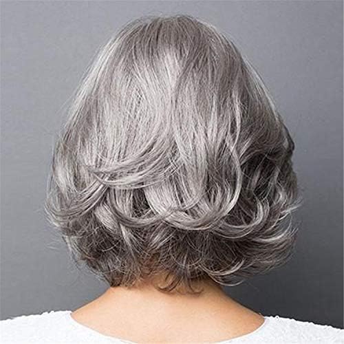 Andongnywell Женски къса сребристо-сива къдрава синтетични косата на Перука за по-старо дама Хелоуин Cosplay костюм Перуки