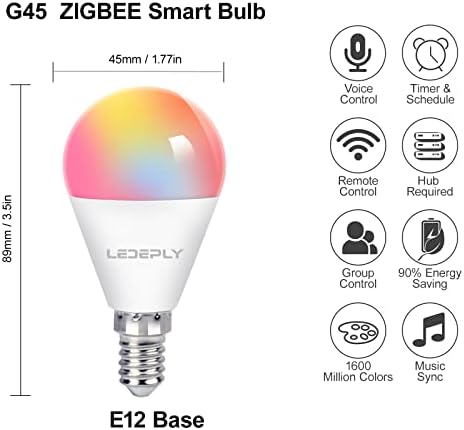 Умни лампи LEDEPLY Zigbee A15, съвместими с Hue *, Alexa, Google и ConBee (изисква hub), които променят цвета на E12, Адаптивни бял 2700K-6500 K, ВЪВ формата на топка, Лампи за вентилатори G45, 2 опаковки
